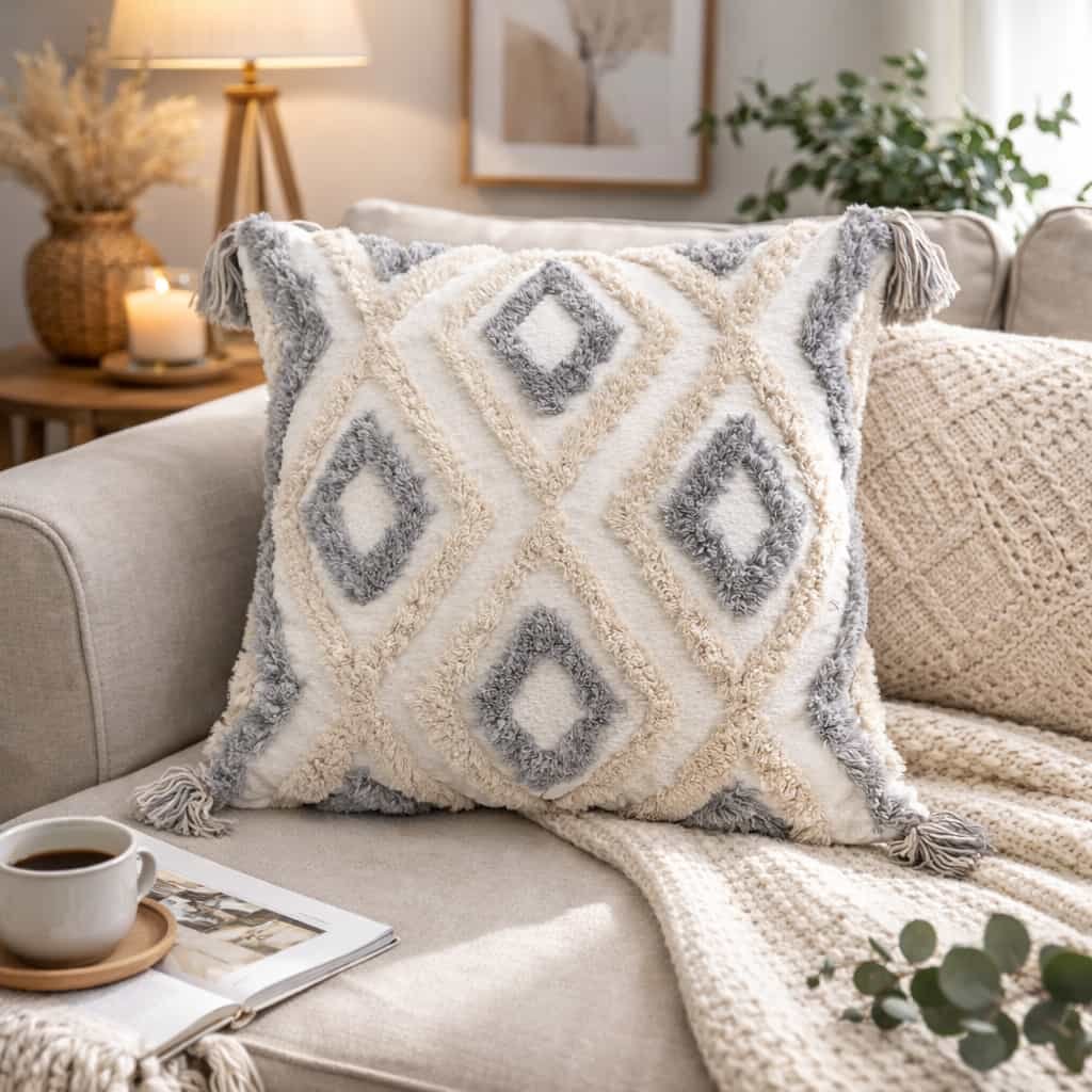 LUCKTORA-PILLOCASE-CR μαξιλαροθήκη tuft με φούντες διακοσμητική καναπέ