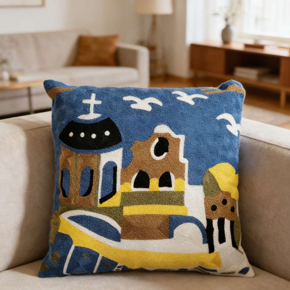 Διακοσμητική θήκη μαξιλαριού 45x45 με κέντημα σχέδιο ψάρια