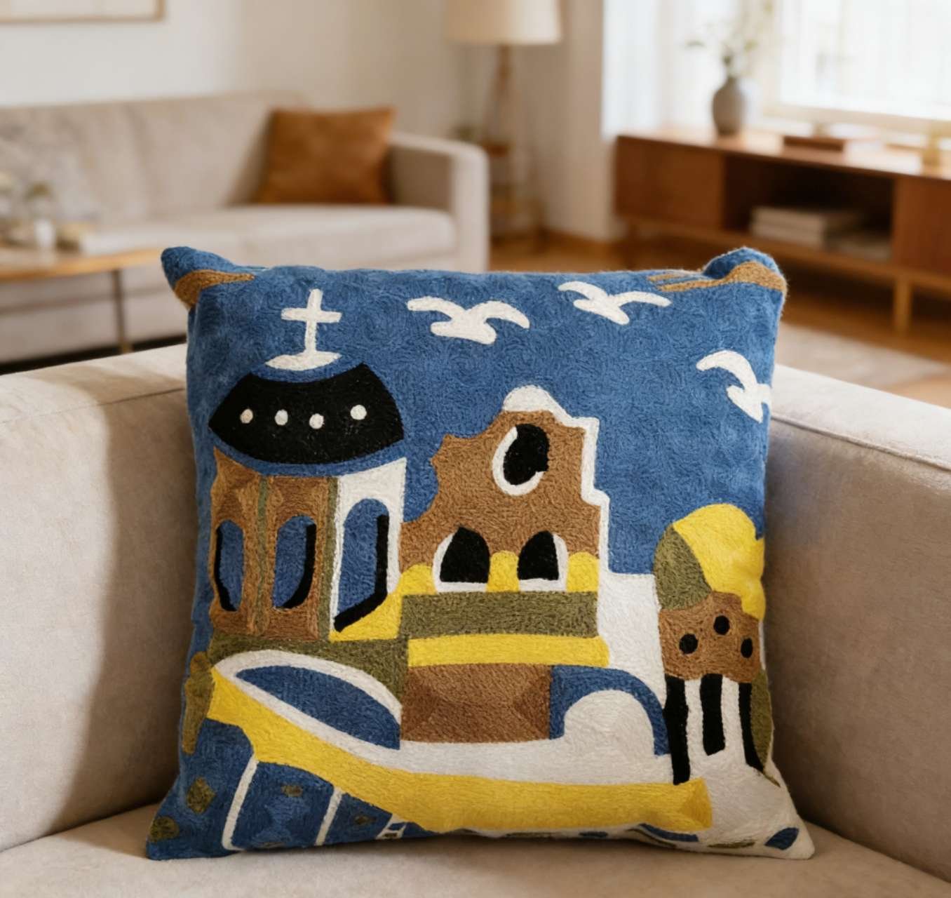 Διακοσμητική θήκη μαξιλαριού 45x45 με κέντημα σχέδιο ψάρια