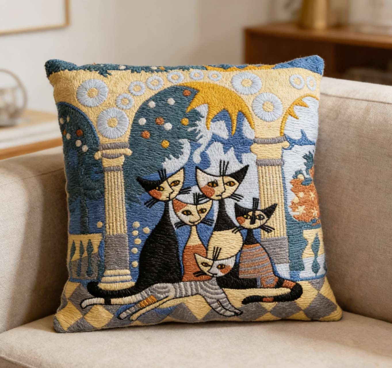 Διακοσμητική θήκη μαξιλαριού 45x45 με κέντημα σχέδιο ψάρια