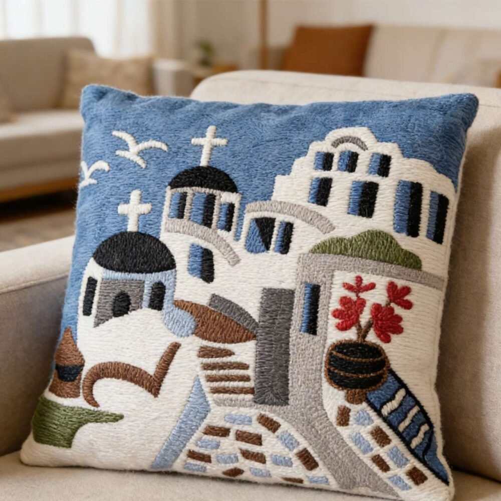 Διακοσμητική θήκη μαξιλαριού 45x45 με κέντημα σχέδιο ψάρια