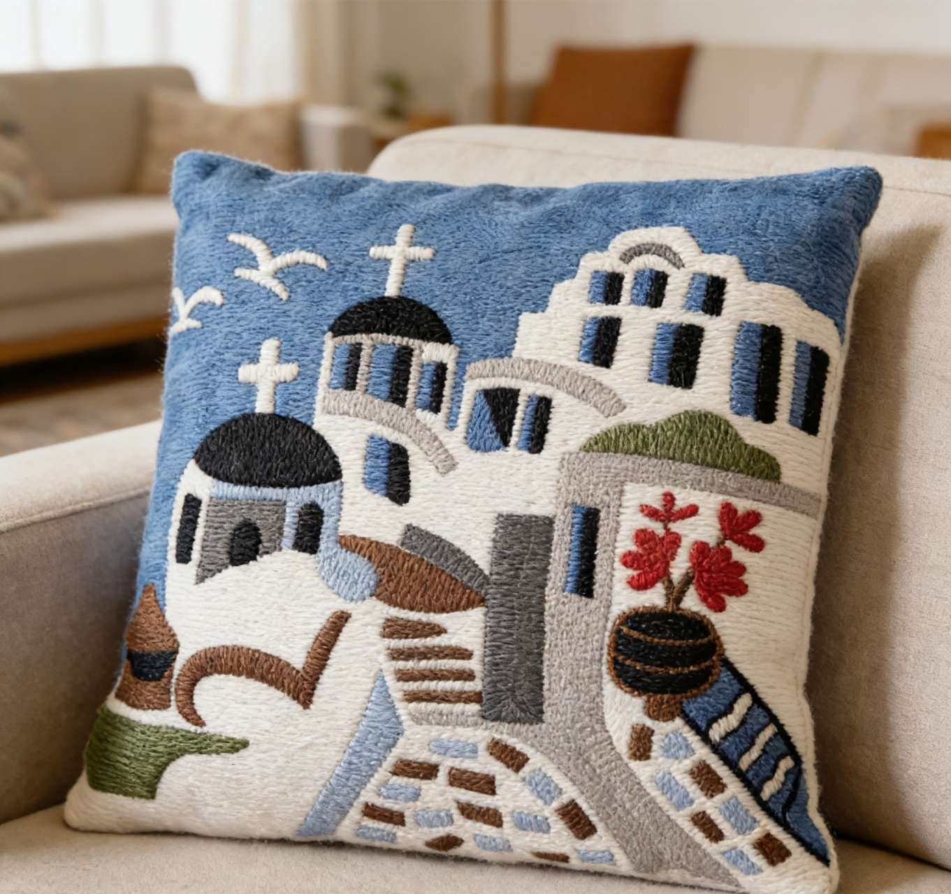 Διακοσμητική θήκη μαξιλαριού 45x45 με κέντημα σχέδιο ψάρια