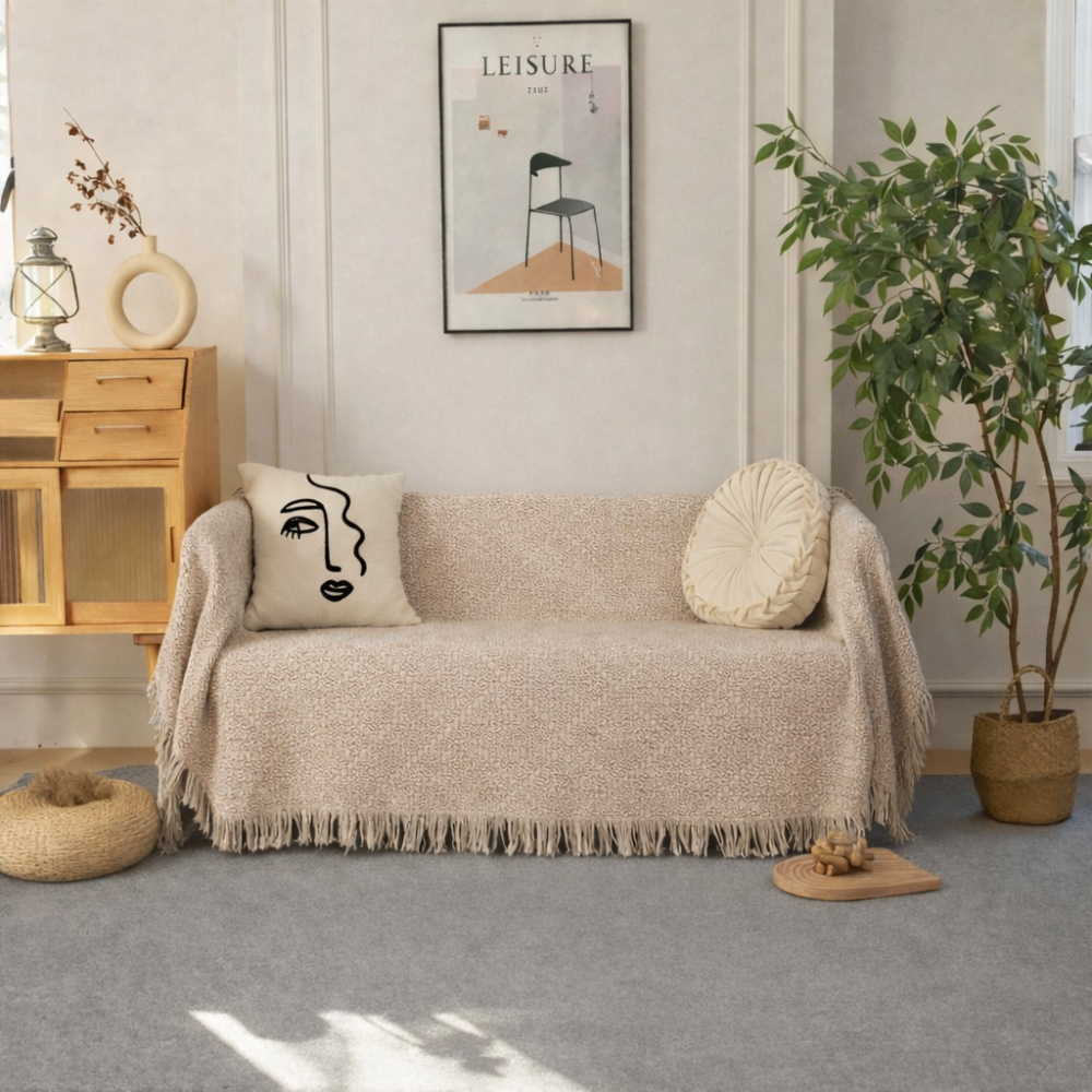 Ριχτάρι καναπέ chenille σε μπεζ απόχρωση σε σαλόνι
