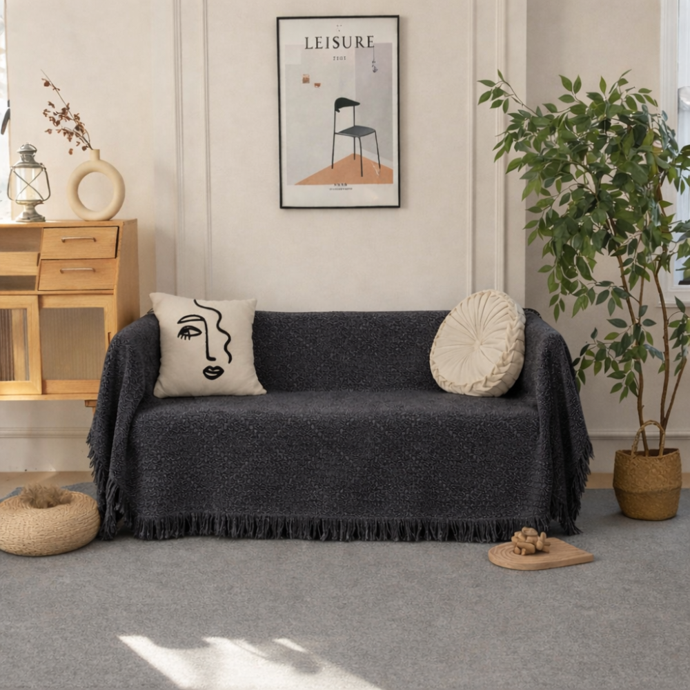 Ριχτάρι καναπέ chenille σε μπεζ απόχρωση σε σαλόνι