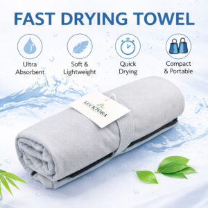 Αθλητική πετσέτα γρήγορου στεγνώματος microfiber σε χρήση – μοντέλο με μπλε πετσέτα LUCKTORA