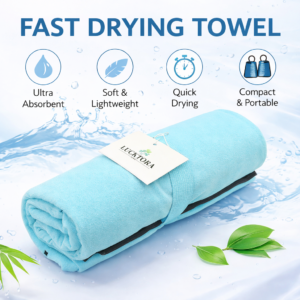 Αθλητική πετσέτα γρήγορου στεγνώματος microfiber σε χρήση – μοντέλο με μπλε πετσέτα LUCKTORA