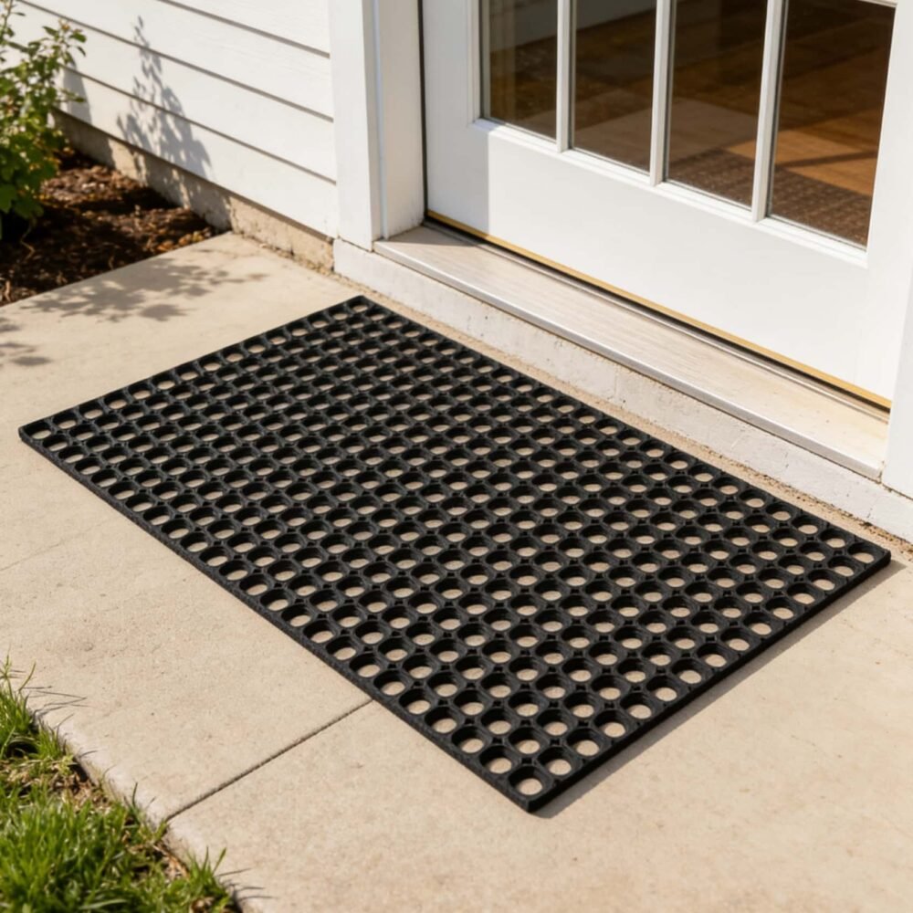 Λαστιχένιο πατάκι εισόδου με τρύπες αποστράγγισης σε εξωτερική πόρτα