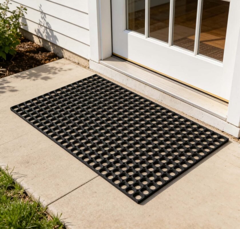 Λαστιχένιο πατάκι εισόδου με τρύπες αποστράγγισης σε εξωτερική πόρτα